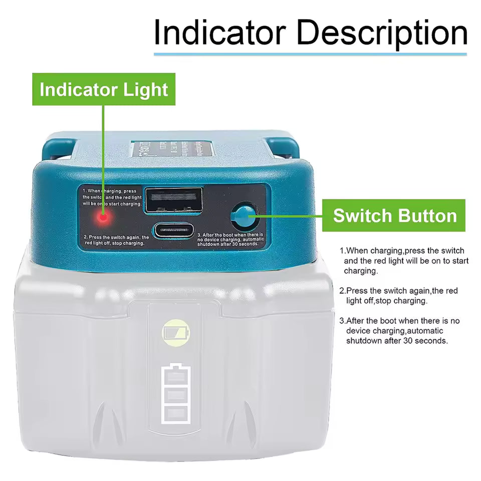USB Power Bank Adapter for 18V Li-Ion Batteries – Type-C Fast Charging