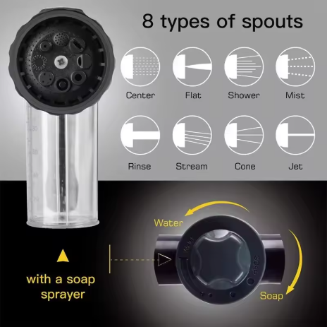 Adjustable Water Spray Gun Nozzle with Foam Container – Garden Hose Tool